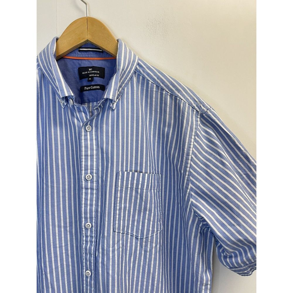 M&S Blue Harbour Shirt XL Blue‎ White Stripe Short Sleeve Pure Cotton